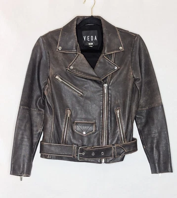 Veda Classic Leather Moto Jacket XS Brown Distressed Full Zip Biker Belted - Image 1 of 4