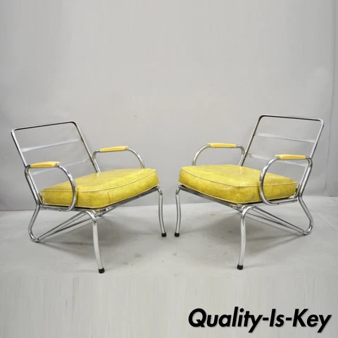 Pair Art Deco Tubular Chrome Yellow Vinyl Club Lounge Arm Chairs Attr. Lloyd Mfg Cover