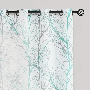 Linen Semi Sheer Curtains for Bedroom, Auqa Blue White Curtains 84 Inches Long f - Picture 1 of 12