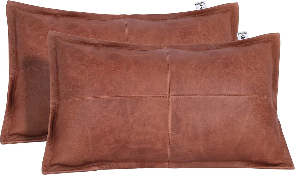Juego de 2 fundas de almohada de cuero hechas a mano de piel de cordero Napa premium Foto 1 de 4