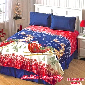 CHRISTMAS Holiday SANTA'S REINDEER Red Sleigh~Snowflake FLEECE BLANKET/COVERLET - Picture 1 of 8