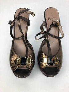Rare LINEA PAOLO Open Toe Faux Snakeskin Patent High Heel Pumps Women's 10m - Picture 1 of 12