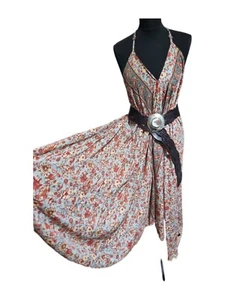 Boho Hippie Floral Festival Vintage Silk Beach Maxi Backless Dress S M red Flowy - Picture 1 of 16