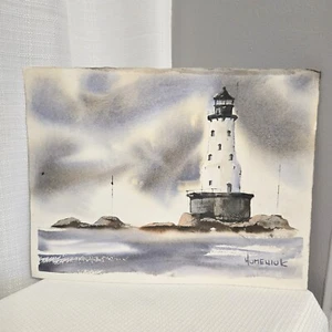 Origional Rock Of Ages Light House Watercolor Painting Lake Superior Humeniuk - Picture 1 of 7