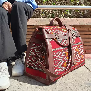 Bolso de fin de semana de cuero marrón oscuro marroquí hecho a mano alfombra antigua - Imagen 1 de 4