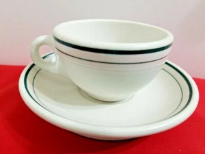 Vintage SYRACUSE CHINA White Set Of Cup And Saucer Green Stripe Band - Picture 1 of 7