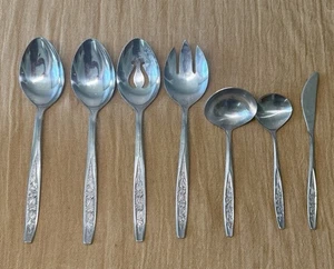 Vintage EKCO ETERNA ROSE COTILLION STAINLESS FLATWARE - SET OF 7 SERVING PIECES - Picture 1 of 3