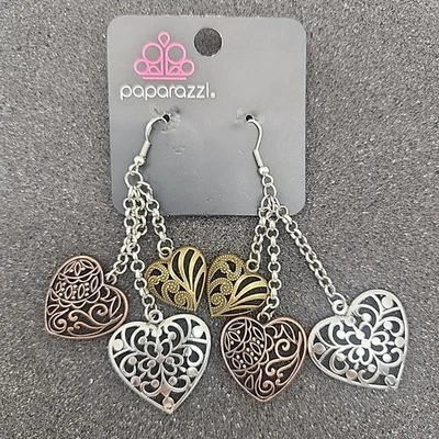 Jewelry Paparazzi Once Upon A Heart Dangle Earrings Silver Copper Brass NEW  - Image 1 of 3
