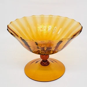 Vtg Amber Glass Art Compote Serving Dish Bowl Footed Pedestal Ribbed Empoli? - Picture 1 of 13