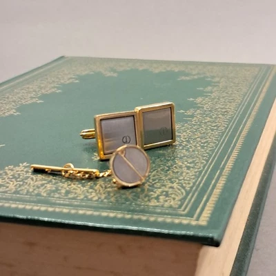 Gemelos Dunhill genuinos y pasador de corbata, acero inoxidable, chapado en oro, LL-205 Foto 1 de 4