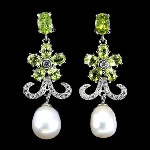 925 Sterling Silver Earrings Oval Peridot Mop Natural Gemstone Jewelry - Picture 1 of 13