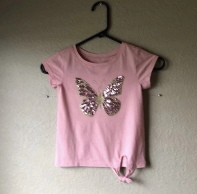 Place Shirt Girls Pink Sequin Butterfly Short Sleeve Tie Front Casual Top XS 4 - Image 1 of 4