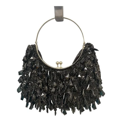 Bolso de noche negro con cuentas con interior satinado y herrajes plateados cartera de cóctel Foto 1 de 4