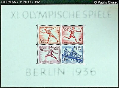 GERMANY 1936 SC B92 S/S 11TH OLYMPIC GAMES BERLIN 8, 12, 15, & 25 + pf MNH OG VF - Image 1 of 2
