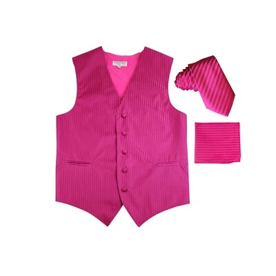 New Men's Tuxedo Vest Vertical Stripes Necktie Hankie set prom party Hot Pink - Image 1 of 4