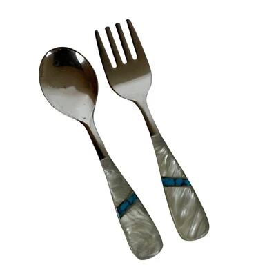 Juego de tenedores cuchara bebé de acero inoxidable de lujo The First Years asas perladas azul de colección Foto 1 de 4