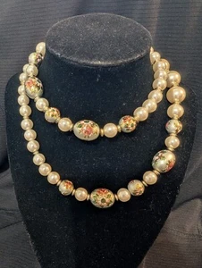 Collana Vintage Laurea Finta Perla Oro Disco Trasferimento Floreale Grossa Lunga 30" - Foto 1 di 15