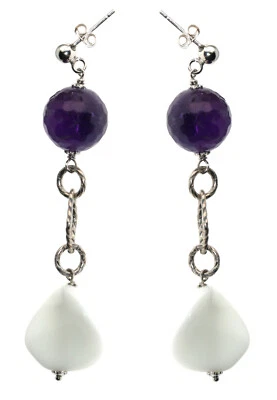 orecchini donna pendenti argento 925 ciondoli agata bianca e ametista pallina - Immagine 1 di 3