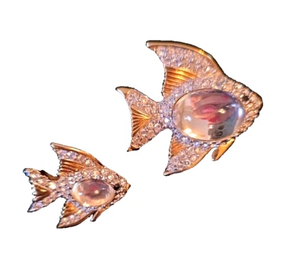 Swarovski Crystal Fish Pins Brooch Set Signed w Logo Gold-tone Jelly Belly  - Image 1 of 4