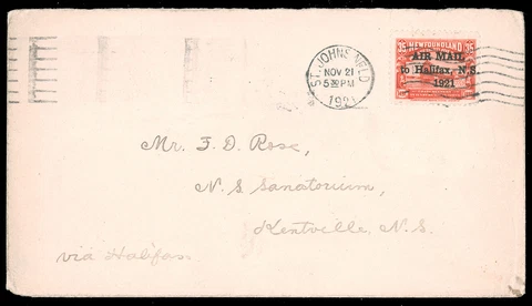 NEWFOUNDLAND 1921 35c RED HALIFAX AIR POST - 1½ MM BETWEEN AIR" AND "POST" - "1" Cover
