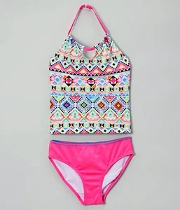 NWT Jantzen Girls Two Pc Pink Electric Geometric Tankini Swimsuit Set 4 $48 - Picture 1 of 2