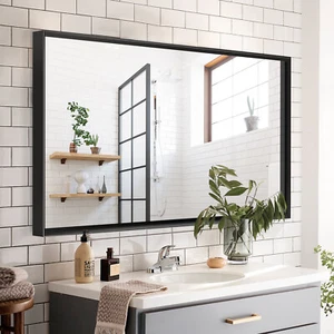36"x30" Black Framed Bathroom Mirror Wall Mounted Vanity Mirror Home Decorative - Picture 1 of 12
