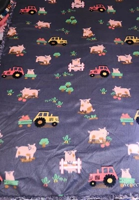  FARM ANIMAL Tractor Pig WARM HANDMADE 2 layer fringe tie blanket/throw  60"×79" - Image 1 of 4