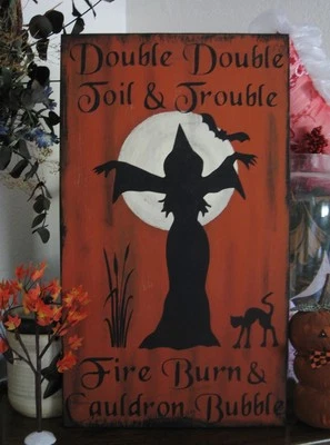 Primitive Halloween Sign Witch Double Double Toil and Trouble Witch Chant Bats - Image 1 of 2