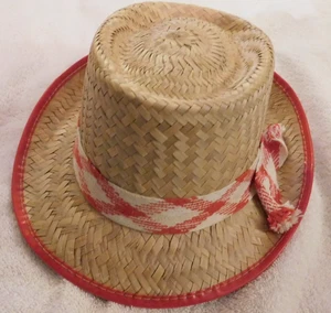 25-1092 Cappello Uomo Vintage Taglia 7 Stile Fedora Intrecciato Paglia con Bordo Rosso - Foto 1 di 8