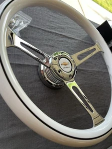 Chevy Steering Wheel & Hub Adapter White Grip Black Line Chrome Spoke. 15 In - Picture 1 of 9
