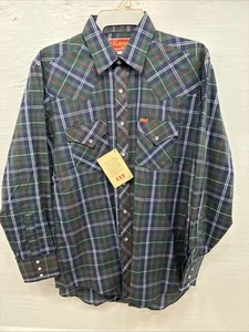 New Men’s ELY Plains Green Blue Plaid Long Sleeve Pearl Snap 16.5 Large Q-85 - Picture 1 of 13