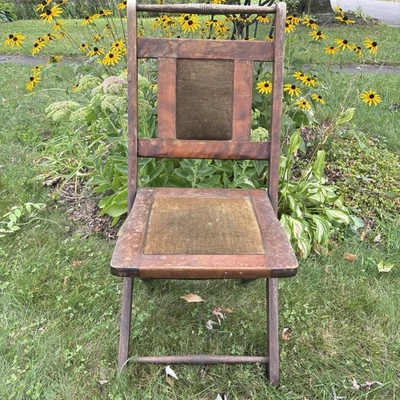 Antique Wooden Beautiful Rustic Folding Chair Curved Legs Velvet Seat Unique VTG - Image 1 of 4