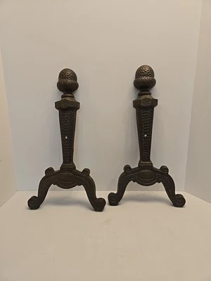 Vintage Heavy Cast Iron Fireplace Andirons Firedogs Acorn Top #2910 Made In USA - Image 1 of 4