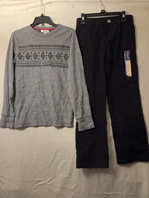 Boys Cherokee Outfit Size 8 – Gray Aztec Long Sleeve Shirt & Black Khakis   - Image 1 of 4