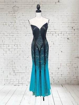 VTG Alyce Designs Silk Black Turquoise Teal Ombre Beaded Formal Gown Sz 4 Prom - Image 1 of 4