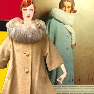 1960s Lilli Ann Tisse a Paris Caramel Mohair Swing Coat w/ Fur Collar, Bow 38” - Picture 1 of 24