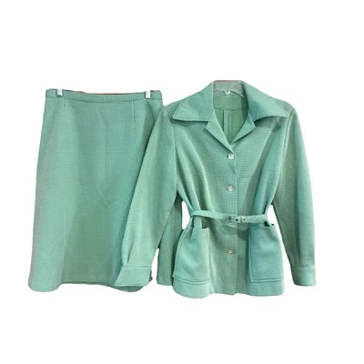 Traje hecho a mano de los años 70 chaqueta falda cinturón poliéster línea A cuello ancho traje de ocio  Foto 1 de 4