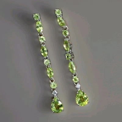 Beautiful Natural Peridot Long Dangle Post 925 Sterling Silver Earrings 1884 - Image 1 of 4