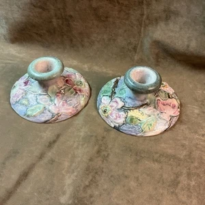 Vintage 1920s Weller art pottery Silvertone floral large candlestick Pair As Is - Picture 1 of 10