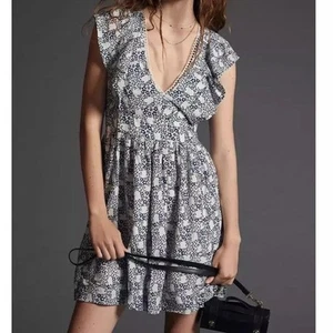 Anthropologie V-Neck Plunge Tunic Mini Dress Womens Size XL Blue White Black NWT - Picture 1 of 14
