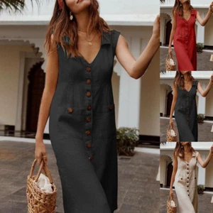 Women Cotton Linen Casual Loose Button Shirt Dress Summer Ladies Pocket Sundress - Picture 1 of 14