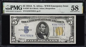 1934A 5 $ Nordafrika Silber Zertifikat Fr. 2307 PMG 58 AU - Bild 1 von 3