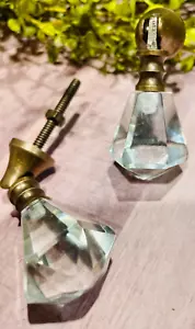 2 Vintage Tear Drop Salvaged Hinged Clear Cut Glass Furniture Drawer Knobs Pulls - Picture 1 of 17