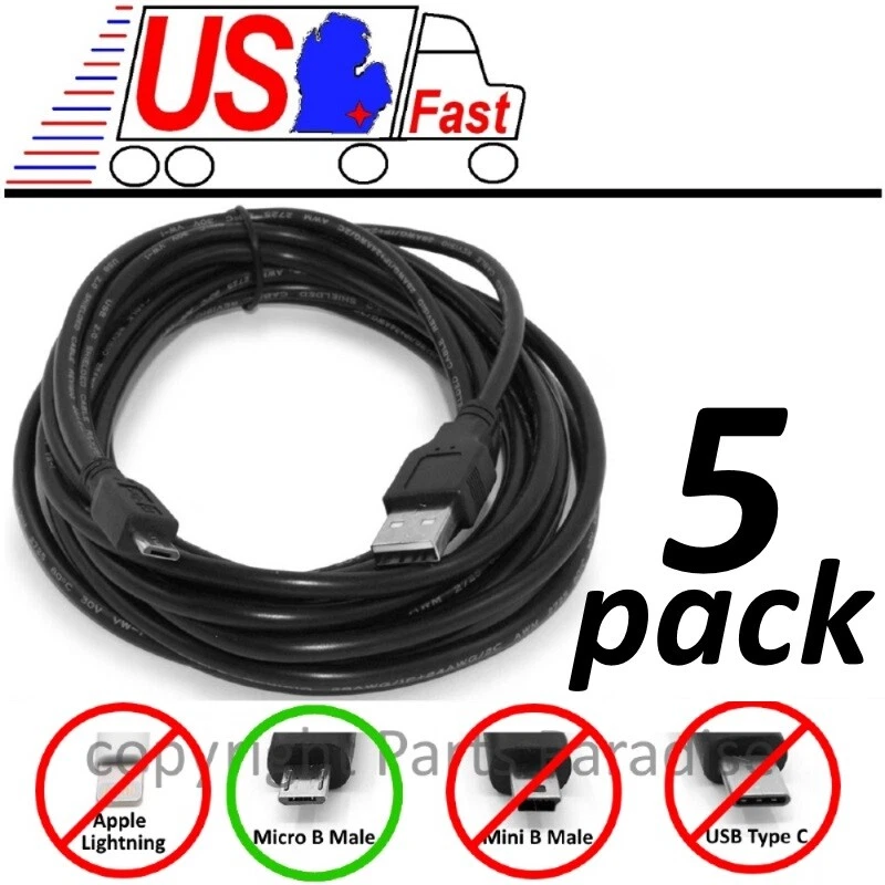 Lot5pk 15ft long USB Micro 5pin Digital Phone/Charger/Sync/Data Cable/Cord/Wire - Image 1 of 1