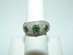 14K White Gold 3 Tsavorite Green Garnet and Pavé Diamond Curved Domed Ring Band - Picture 1 of 10
