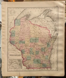 Original Map of Wisconsin/Dakotas from Gray's 1876 Atlas of World, Hand-Tinted - Picture 1 of 6