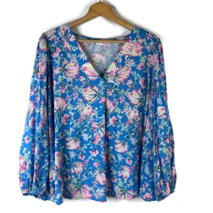 Blusa Top Emily Wonder Mujer Talla 1X Azul Floral Campesino Globo Manga Larga - Imagen 1 de 8