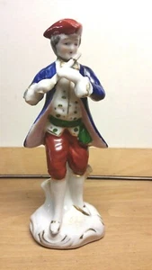 Vintage Porcelain Figurine Occupied Japan / 6 3/4" Tall/ Blue Coat Playing Flute - Picture 1 of 8
