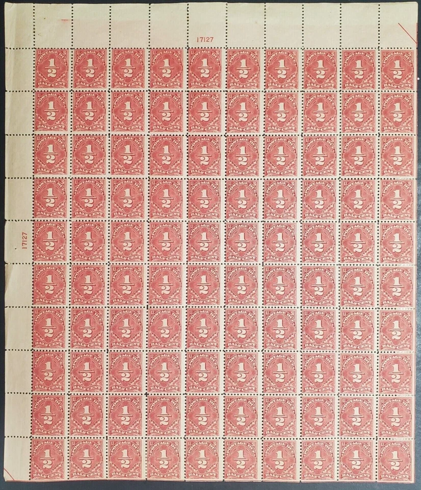 J68 1/2 cent postage due Full Mint Sheet of 100 stamps hinged at margin OG - Image 1 of 2