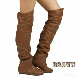 Mujeres Botas Sobre la Rodilla Punta Redonda Muslo Bota Alta Planas Tacón Bajo Sin Cordones Zapatos Nuevos - Imagen 1 de 16